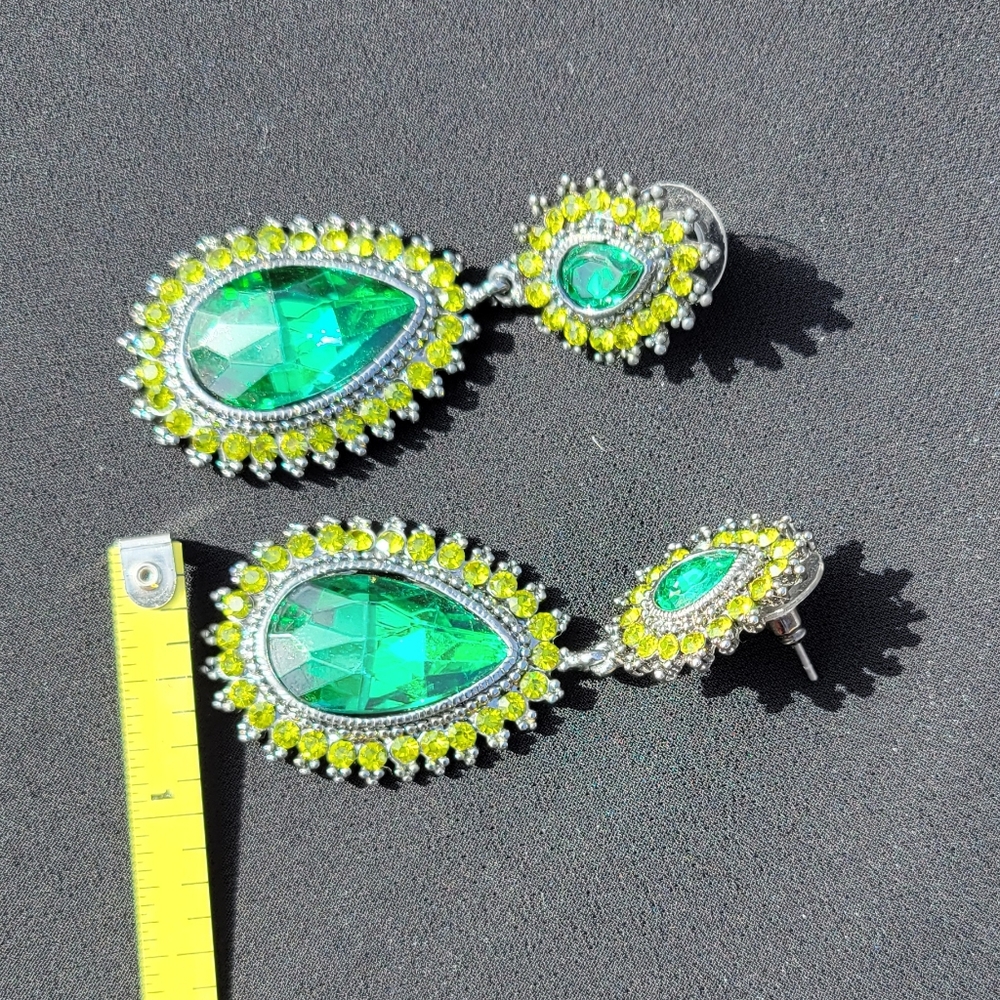 Statement Green Teardrop Rhinestone Dangle Earrin… - image 6